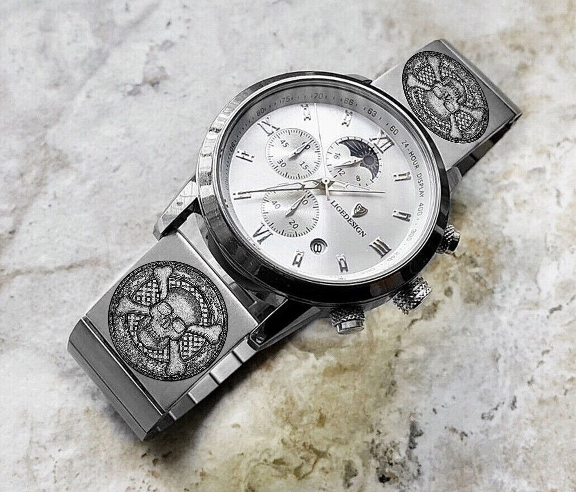 Engraved Watch Band for 22mm 24mm 25mm Lugs Traditional Casual Luxury and Smartwatches Silver Color Stainless Steel Strap Bracelet SC3